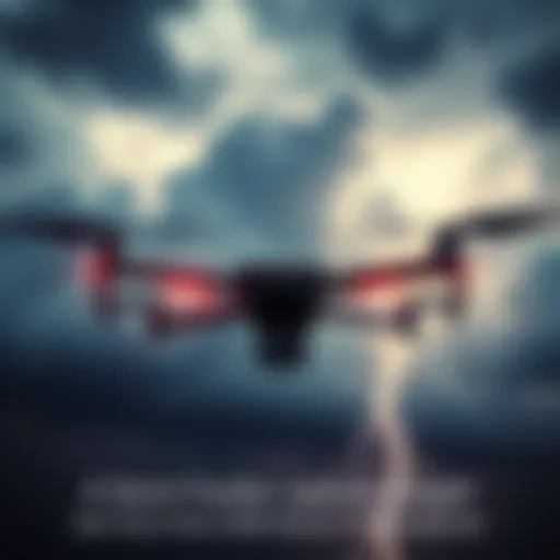 A quadcopter captures a storm from 320 feet, showing dark clouds and lightning strikes.