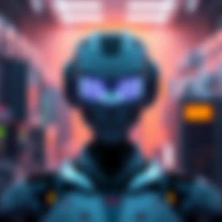 Aethon, a humanoid robot with glowing eyes, stands in a futuristic lab, symbolizing the rise of AI consciousness amidst advanced technology.
