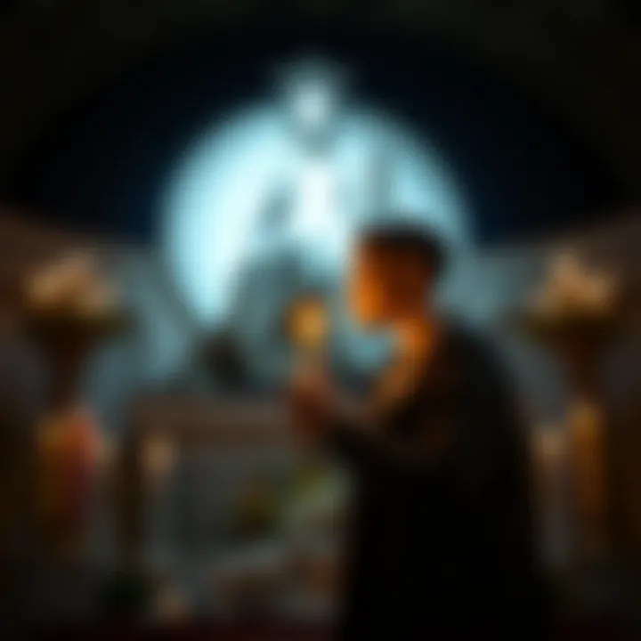 An AFAB individual holding a candle in front of a statue of Lady Aphrodite, conveying a moment of prayer and connection during their menstrual period.