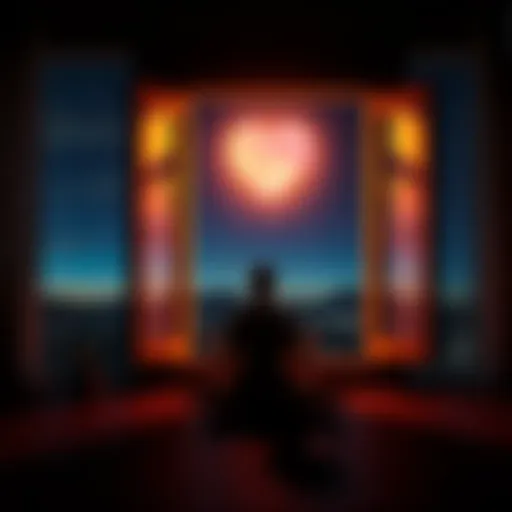 A peaceful night scene with a person meditating by a window, surrounded by soft light and a heart symbol in the background, symbolizing love and harmony
