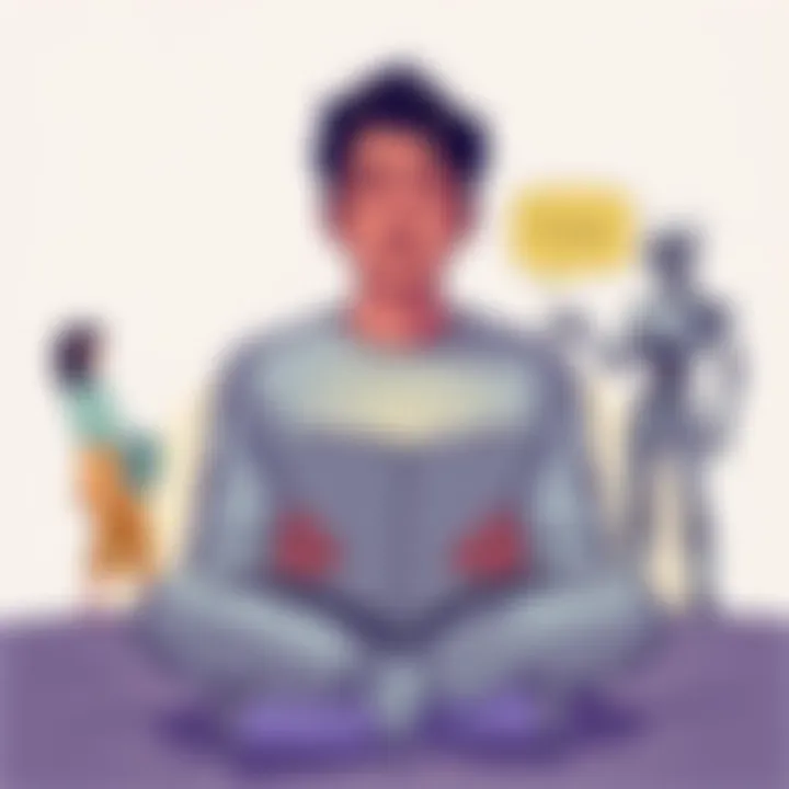 A person sitting peacefully with a notebook, writing affirmations. Around them are illustrations representing focus, rampage, and robotic styles of affirmations. The mood is calm and encouraging.