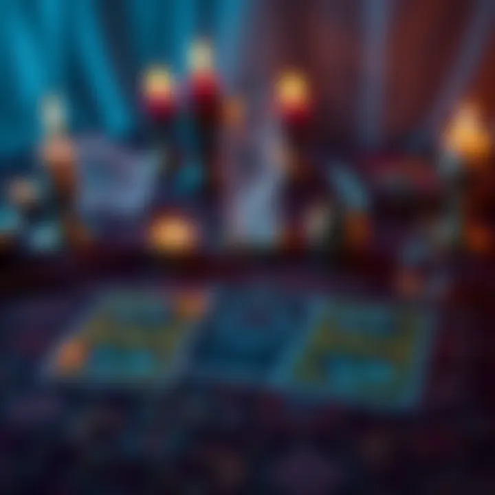 A tarot card reader lays down three cards on a table with candles and a crystal in the background, symbolizing love and connection.