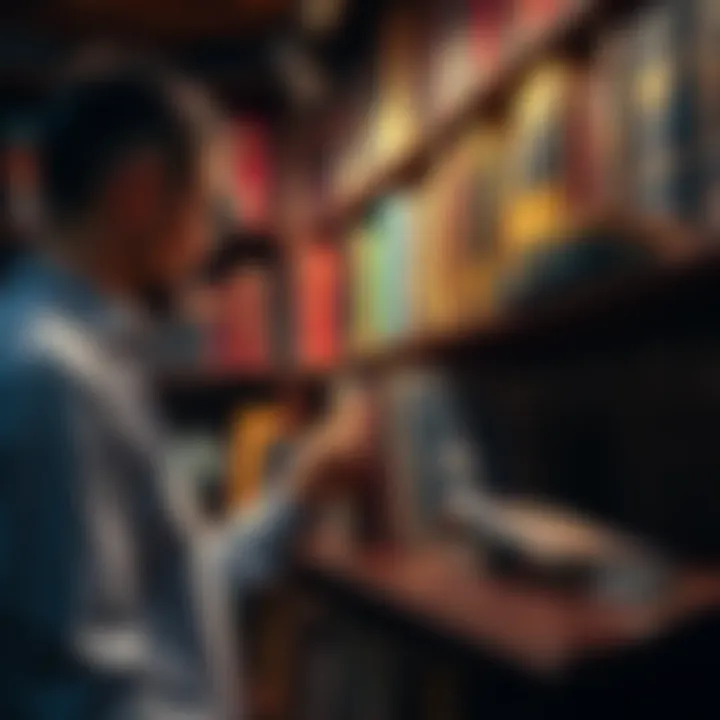 A person browsing through a collection of occult and esoteric books on a shelf, looking for affordable options.
