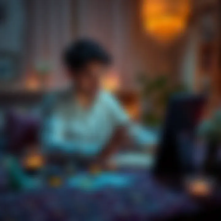 A person engaging in an online psychic reading session, surrounded by tarot cards and crystals, in a cozy environment.