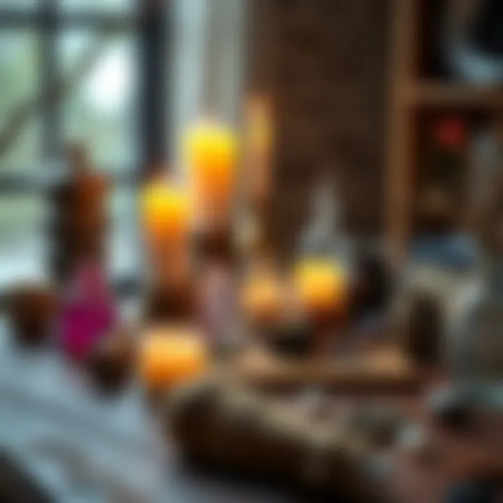 A collection of budget-friendly spiritual tools like candles, crystals, and herbs arranged on a wooden table.