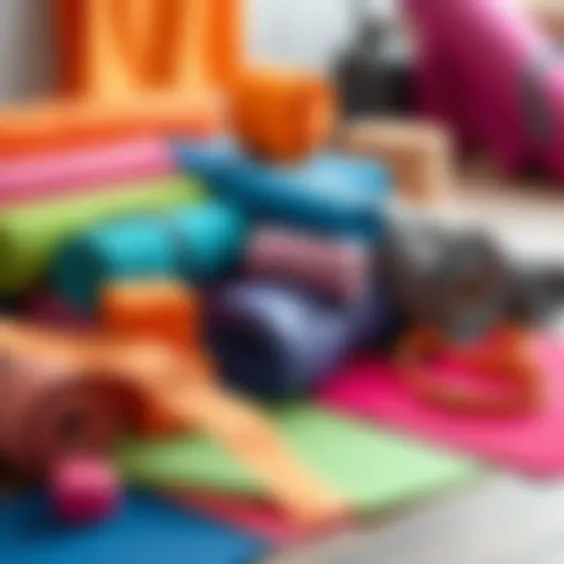 A collection of budget-friendly yoga props including mats, blocks, and straps arranged neatly for a yoga class.