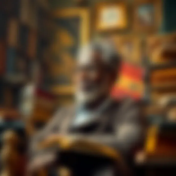 African Philosopher Reflecting A thoughtful African philosopher surrounded by books and cultural artifacts, symbolizing the depth of African thought and its challenge to Western ideas.