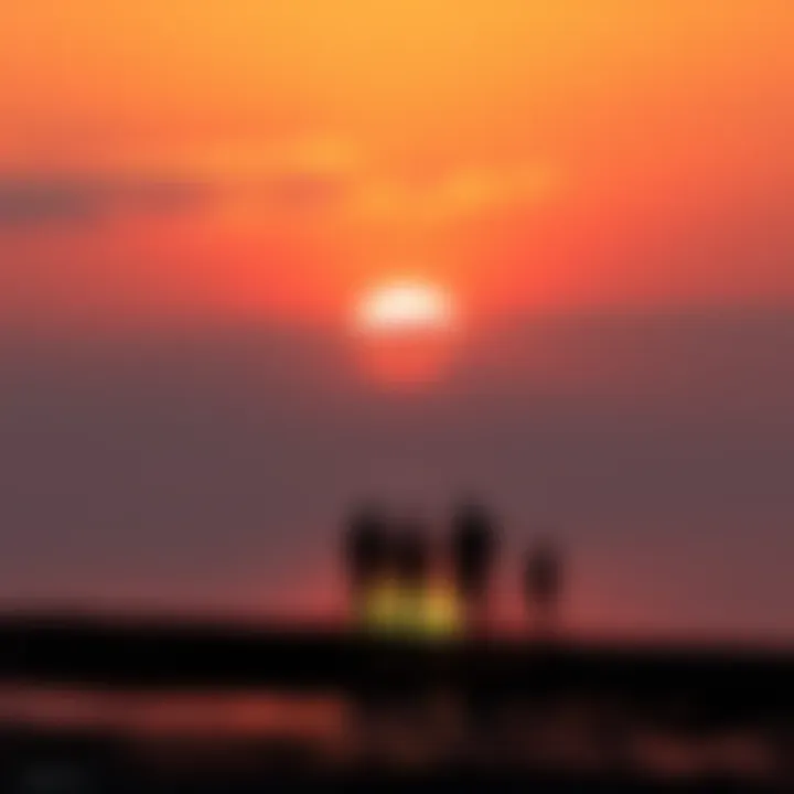 A peaceful scene of a sunset over a calm water body, symbolizing reflection and connections in life, with silhouettes of people standing together on the shore, contemplating existence.