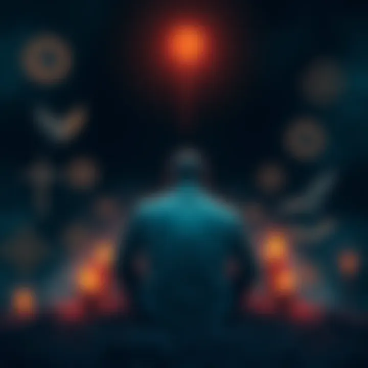 A person sitting alone, deep in thought, surrounded by symbols of different afterlife beliefs, depicting how fear and upbringing shape spiritual choices.