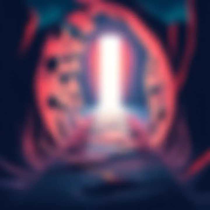 Symbolic representation of afterlife beliefs An illustration showing a pathway leading to a bright light, symbolizing the afterlife, with shadows representing fears and regrets along the sides.