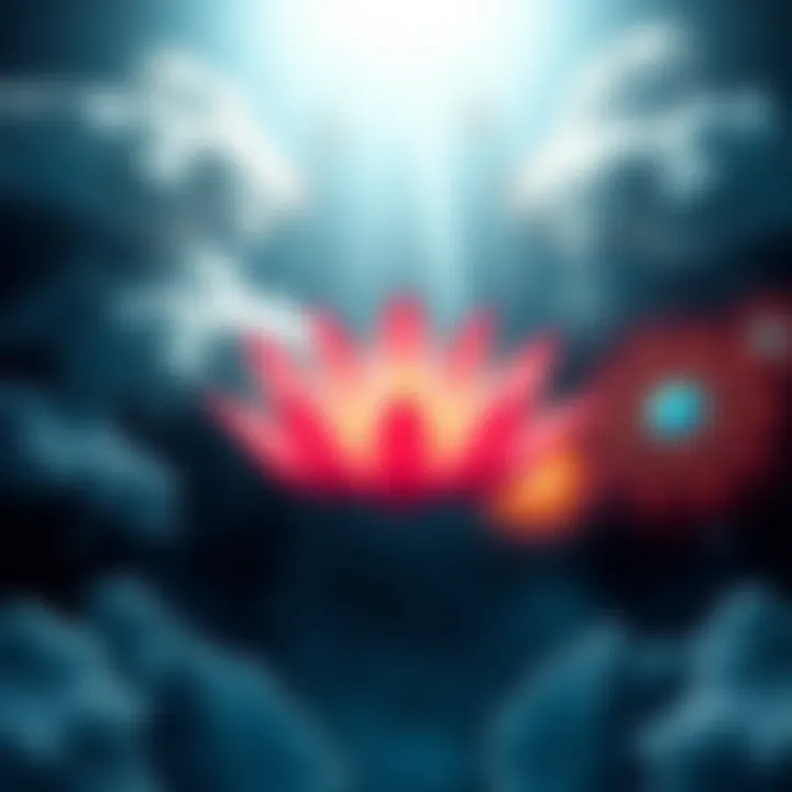 A collection of symbols representing different beliefs about the afterlife, including clouds for heaven, a lotus flower for reincarnation, and a dark void for nothingness.