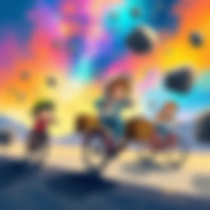 A whimsical illustration of children and adults working in the afterlife, delivering asteroids on bicycles with a colorful cosmic background.