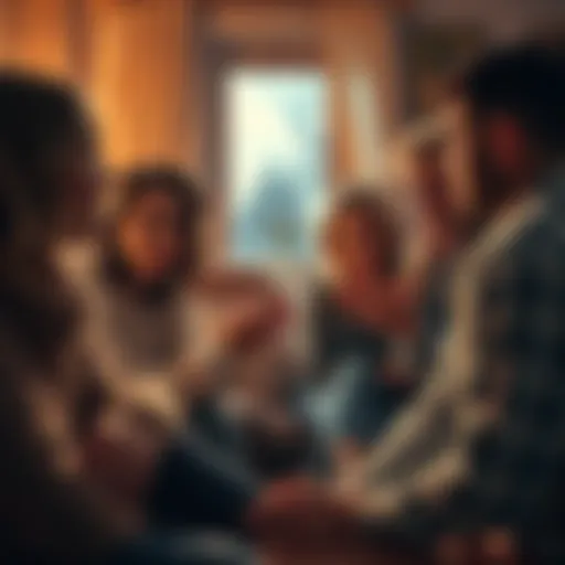 A group of people discussing their personal beliefs and experiences related to the afterlife in a cozy setting, with warm lighting and thoughtful expressions.