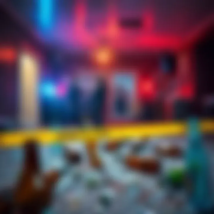 Aftermath of Party Incident Scene showing a chaotic party room with broken glass and empty bottles, indicating a recent shooting incident with police presence outside.
