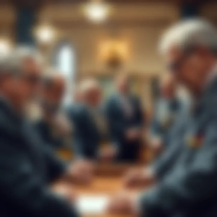 Age gap in Masonic lodges A group of older men in a Masonic lodge discussing with younger members, highlighting age differences and participation issues.