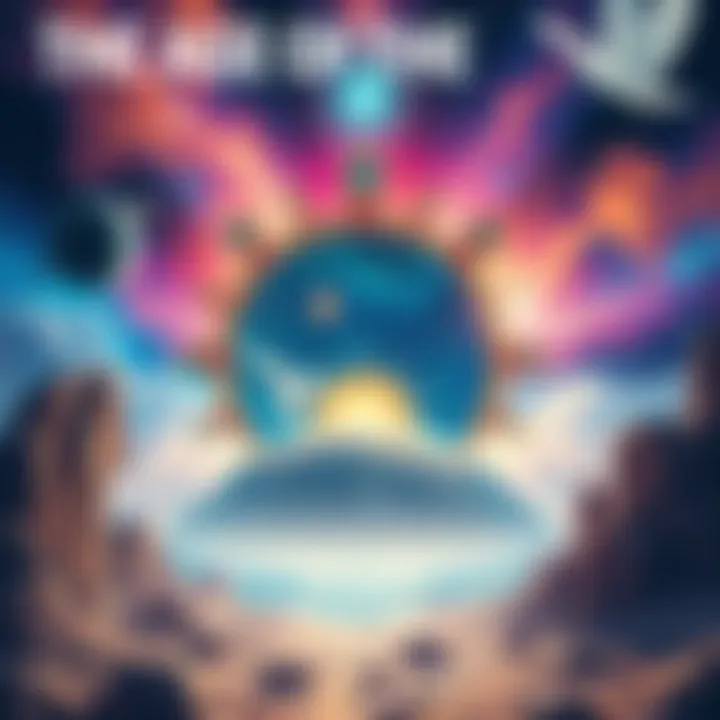 A vibrant cosmic landscape representing the Age of Aquarius with celestial symbols