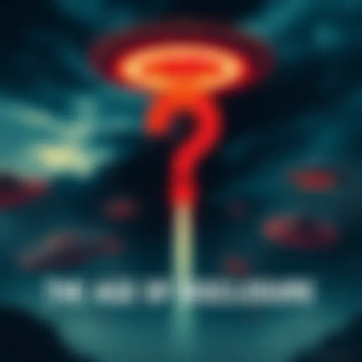 A striking poster for The Age of Disclosure, showcasing UFO images and a question mark, symbolizing the film's exploration of the UFO phenomenon.