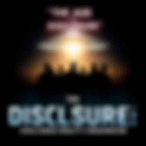 A poster featuring the title 'The Age of Disclosure' with silhouettes of high-ranking officials discussing extraterrestrial evidence, set against a dark background.