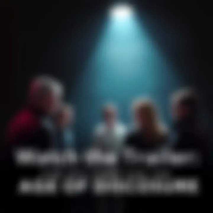 Age of Disclosure Documentary Trailer A dramatic scene from the Age of Disclosure documentary trailer showing a group of people discussing hidden truths, with a dark background and spotlight on them.