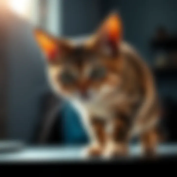Aggressive cat staring A close-up of a cat with intense eyes, showing aggression while standing on a table