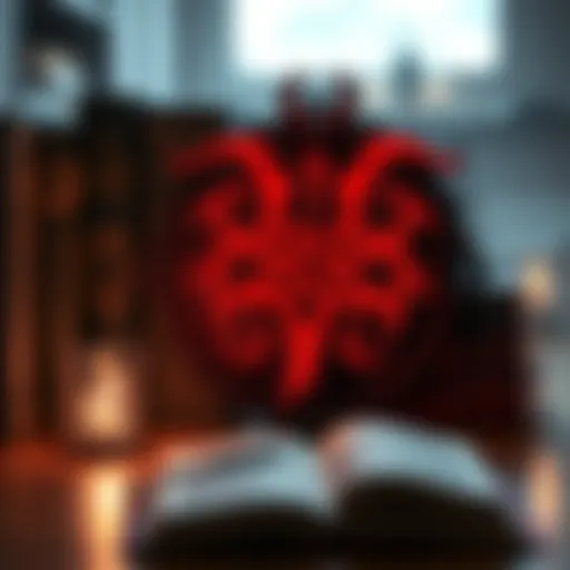 A collage of symbols representing agnosticism and satanism, contrasting light and dark themes, with books in the background.