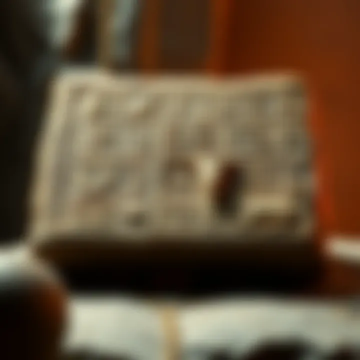 A wooden tablet representing advanced civilization in ancient Egypt, featuring hieroglyphs and symbols related to rituals and administration.