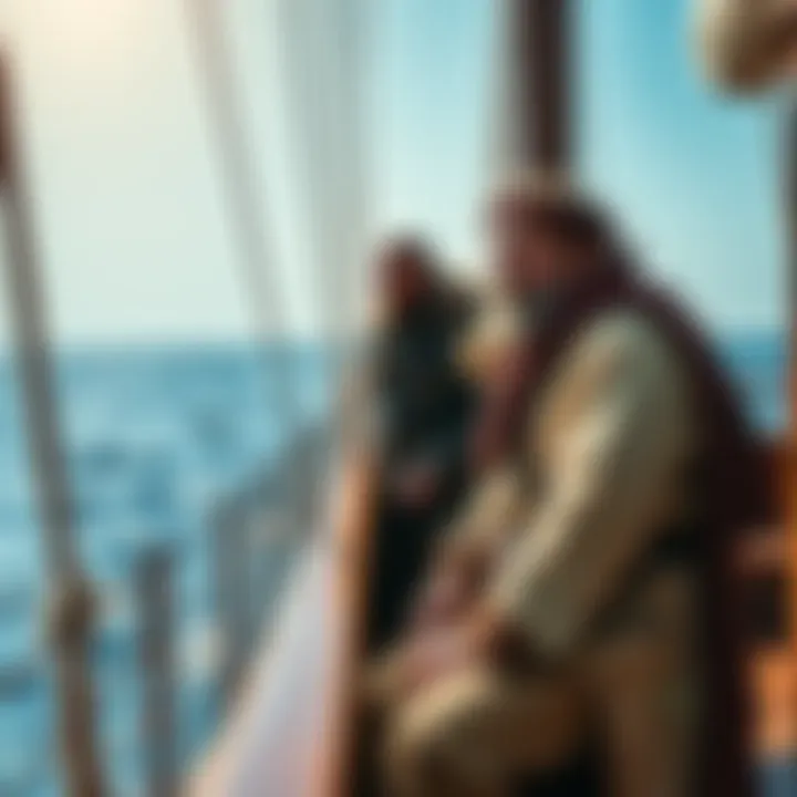 Captain Ahab stands on the deck of a ship, staring out at the ocean, while Ishmael sits nearby, looking contemplative.