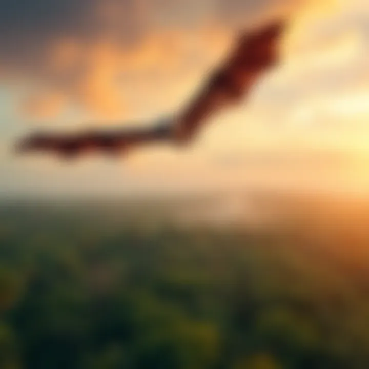 Ahool Flying Over Jungle A large winged creature soaring above a dense jungle in Java, resembling a giant bat with a distinct wingspan and an eerie cry.