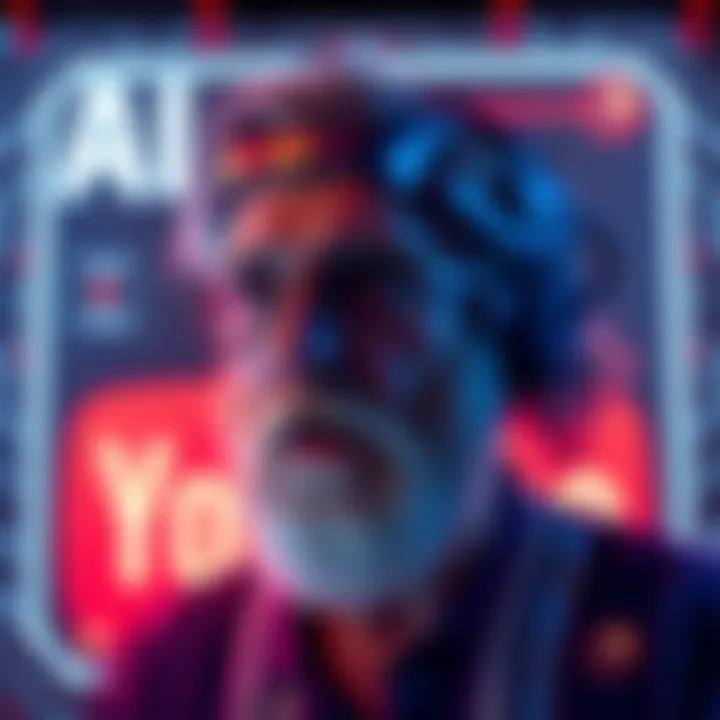 A digital representation of Alan Watts speaking, with AI elements and YouTube logo in background