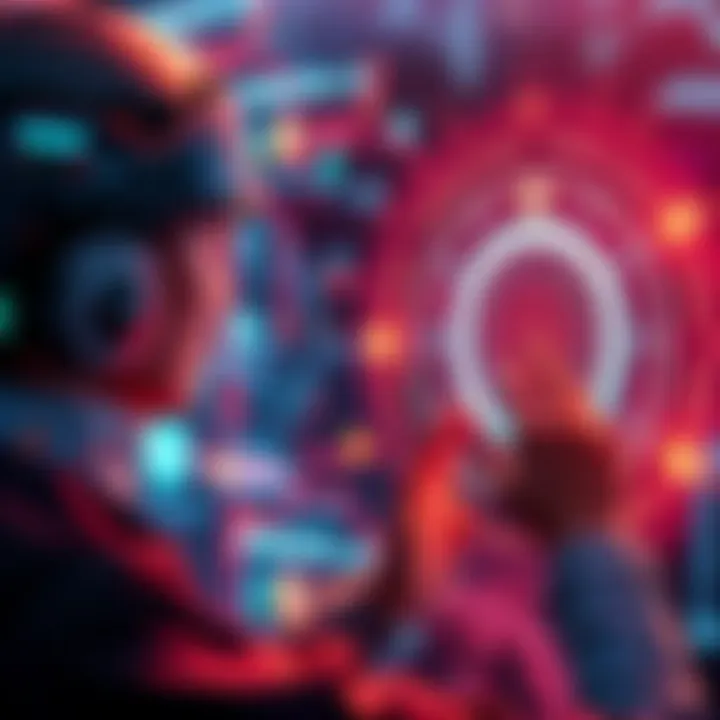 A person interacting with a futuristic AI interface, symbolizing the fusion of technology and humanity.