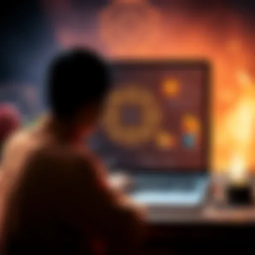 A person using a laptop with AI tools on the screen, surrounded by spiritual texts and symbols.