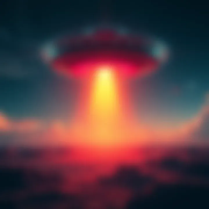 A bright, colorful depiction of a UFO in a night sky, surrounded by stars and clouds, showcasing an alien landscape below.