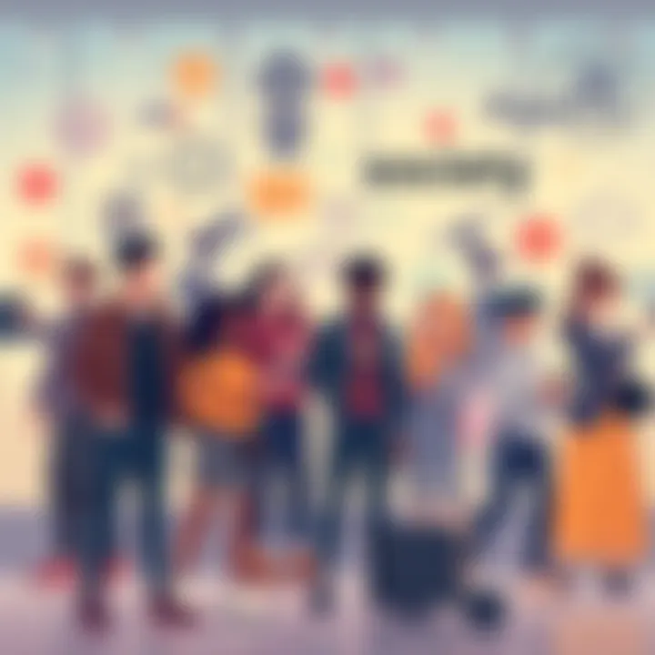 An illustration of a diverse group of people interacting with AI technologies in everyday life, showcasing various applications like smart devices and robots.