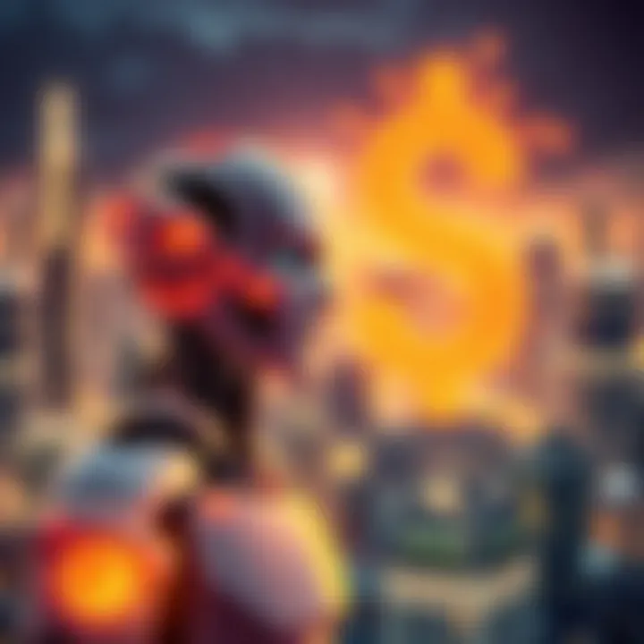 A digital illustration featuring a robot and a dollar sign, symbolizing the link between artificial intelligence and capitalism, with a city skyline in the background.