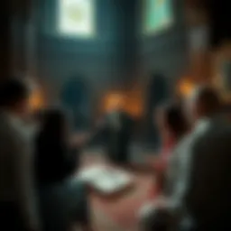 A group of people discussing ethical concerns over AI necromancy in a church setting, with books and digital devices present.