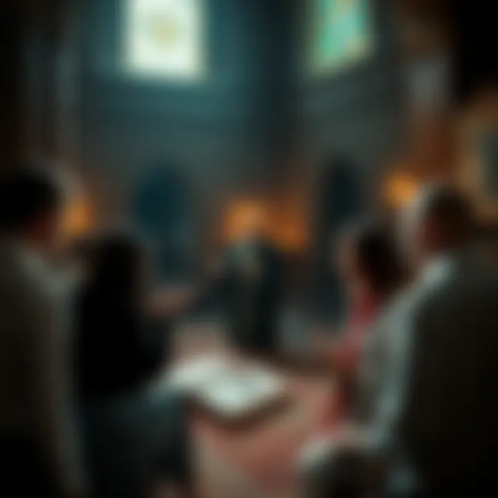 A group of people discussing ethical concerns over AI necromancy in a church setting, with books and digital devices present.