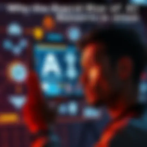 A person looking at a digital screen displaying AI concepts, with worried expressions and various technology icons around them.