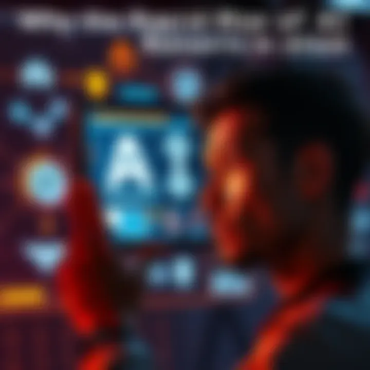 A person looking at a digital screen displaying AI concepts, with worried expressions and various technology icons around them.