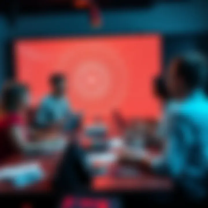 A group of people discussing AI and its potential consciousness at a table with laptops and papers.