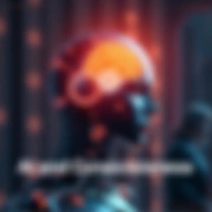 A graphic representation of a robot with a glowing brain, symbolizing consciousness in artificial intelligence, with a human contemplating in the background.