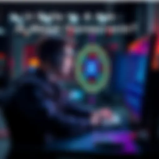 A person sitting in front of a computer, looking thoughtful while typing about conspiracy topics, with a digital AI interface on the screen.