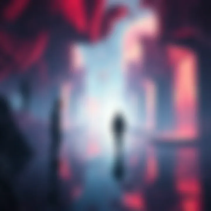 A dreamlike scene showing a person walking through a surreal, AI-created environment with vibrant colors, strange characters, and portals visible in the background.