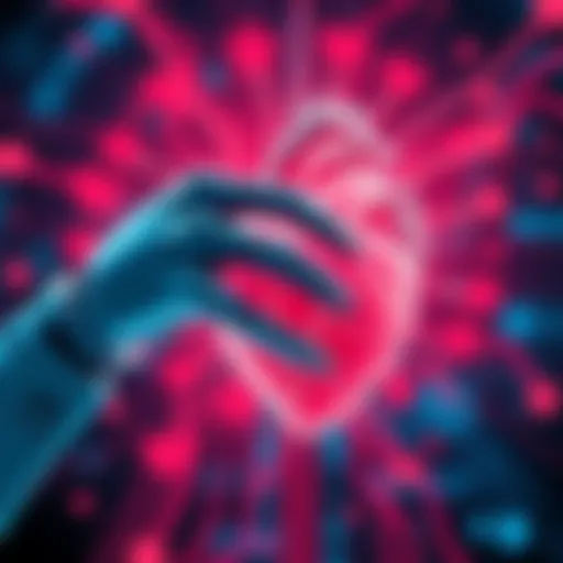 A thought-provoking illustration showing a robotic hand gently touching a human heart, symbolizing the connection between AI and human emotions.