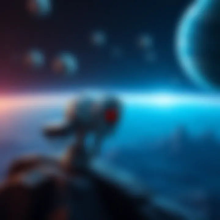 A robotic probe or AI technology observing distant planets and stars in a cosmic setting, illustrating the concept of extraterrestrial contact through machines rather than biological beings.