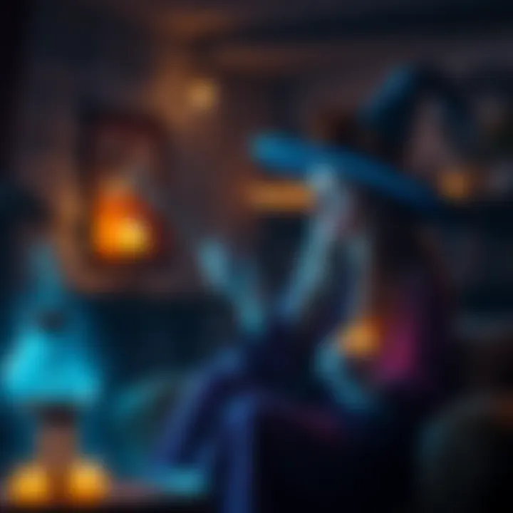 AI Familiar Assisting Witch A digital representation of an AI Familiar guiding a witch with glowing symbols and a wand in a cozy setting.