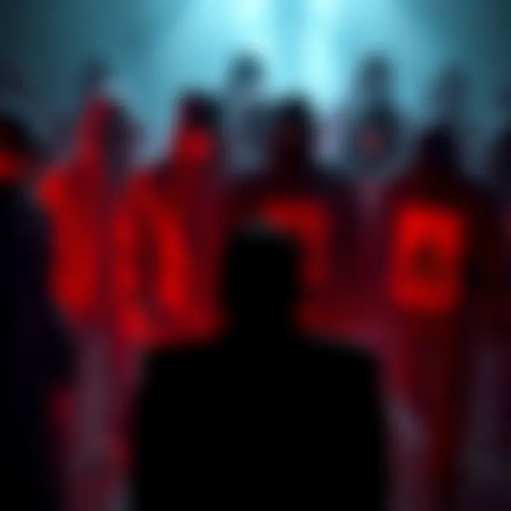 A group of shadowy figures surround a person, symbolizing harassment and psychological manipulation fueled by technology.