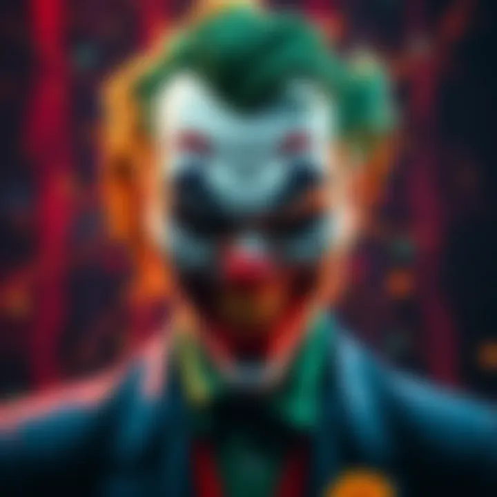 A dramatic still from an AI-generated Joker video showing the character with a menacing smile and colorful chaotic background