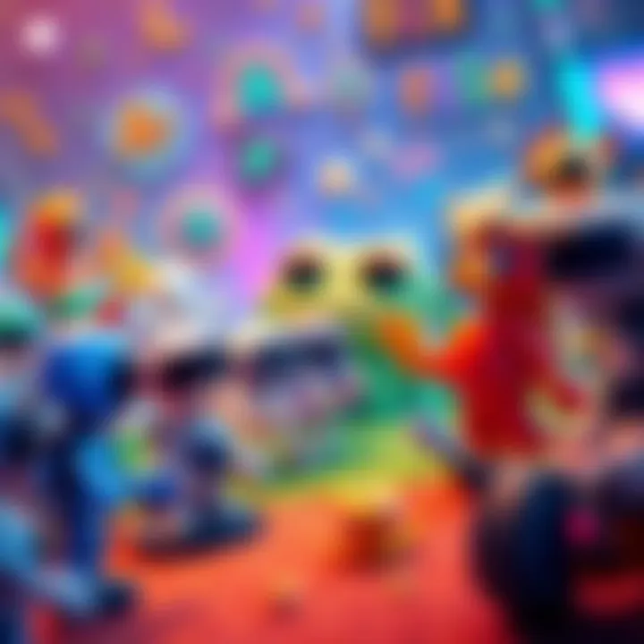 A vibrant scene showcasing various AI-generated video game characters in a colorful, dream-like environment, emphasizing their unique designs and playful interactions.