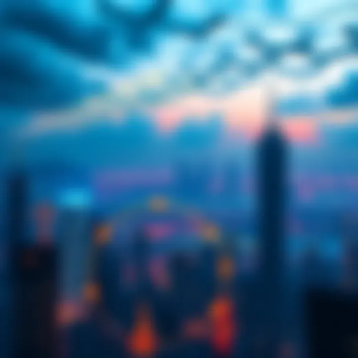 A futuristic city skyline with AI technology and symbols of global governance, depicting the themes of the 2030s.