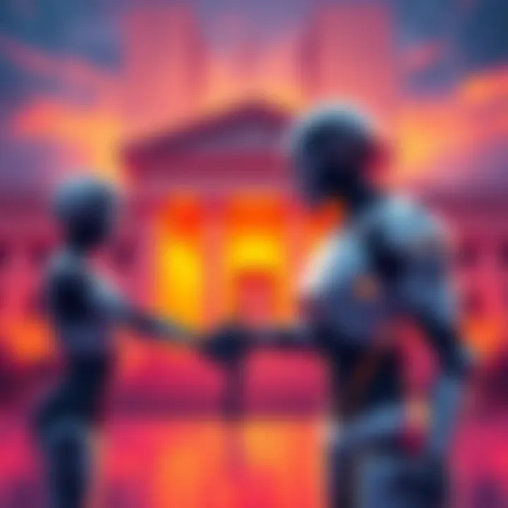 AI and Governance Concept A futuristic illustration showing a robot and a human shaking hands in front of a digital government building, symbolizing the intersection of technology and governance.